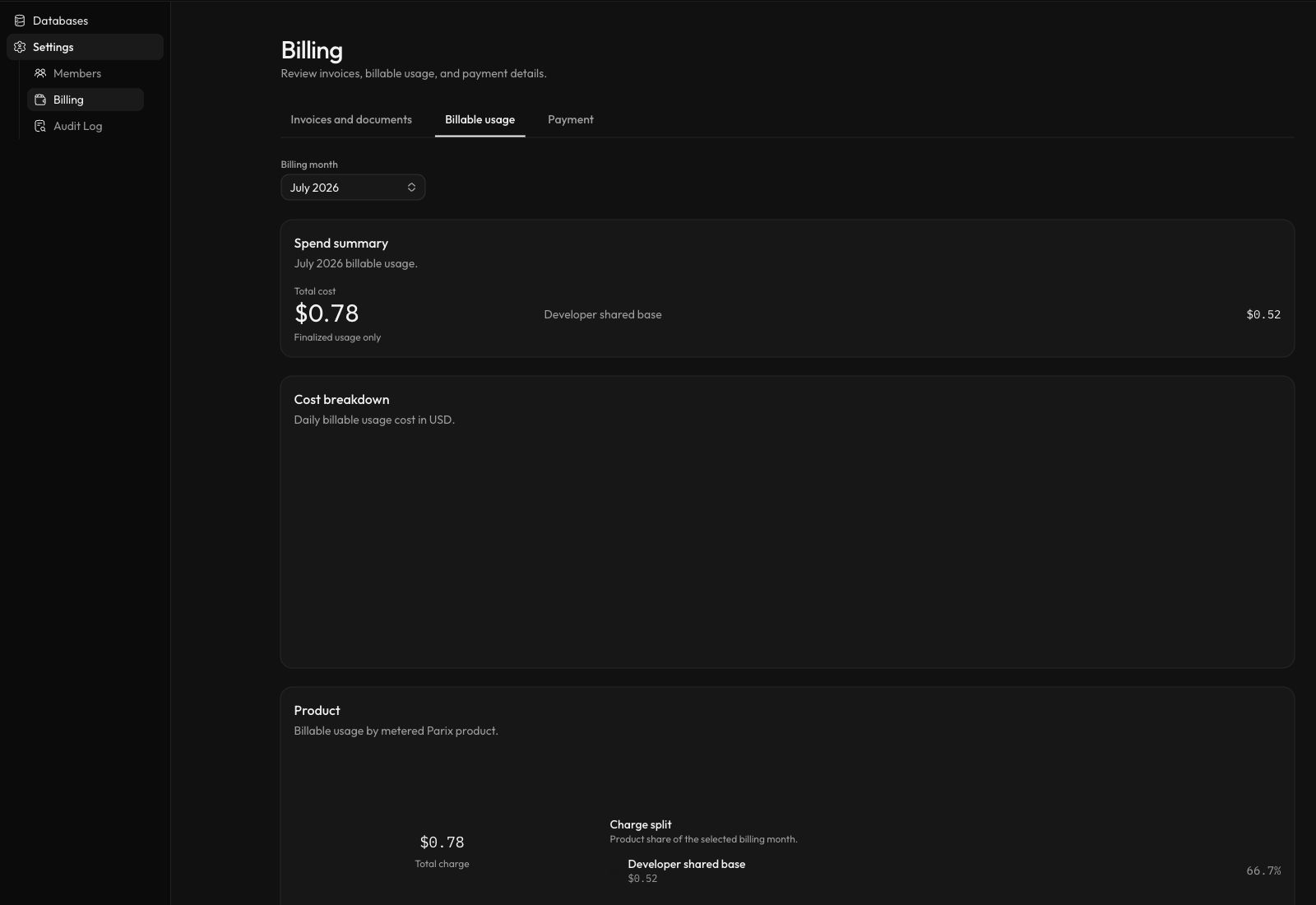 The Billable usage page with a spend summary and product charge split.