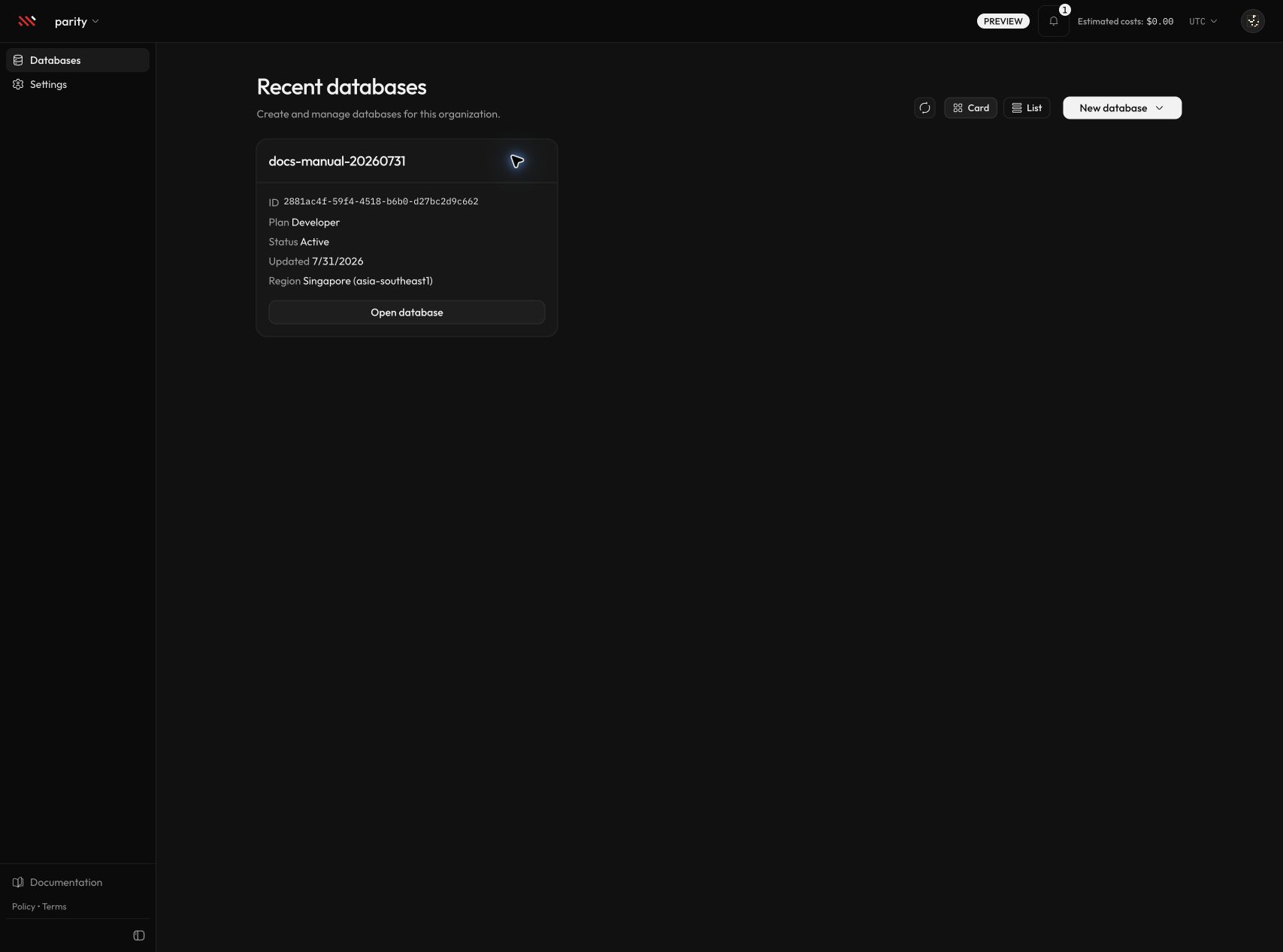 A Developer database in the card view of the Recent databases page.