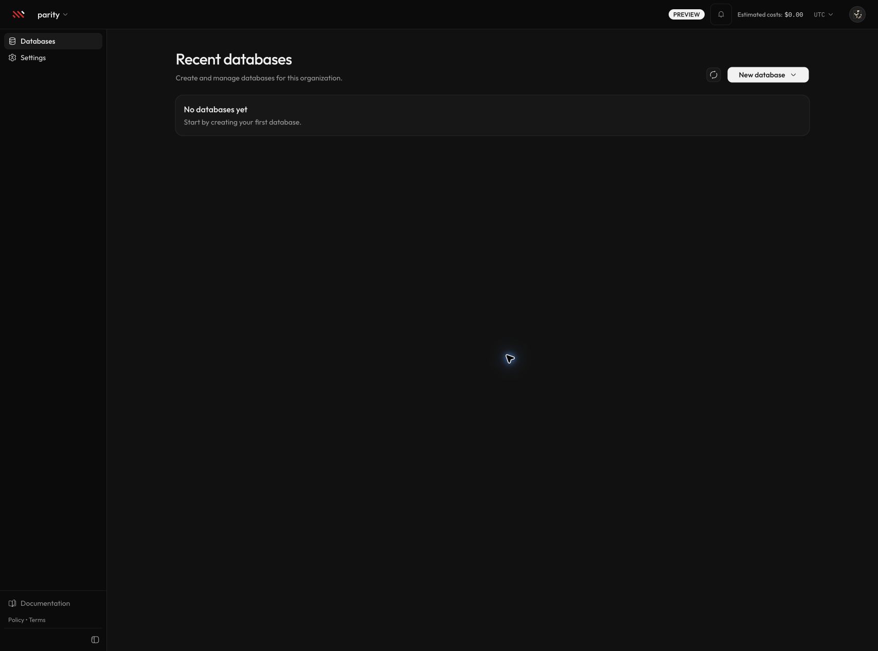 The empty Recent databases page with the New database menu.
