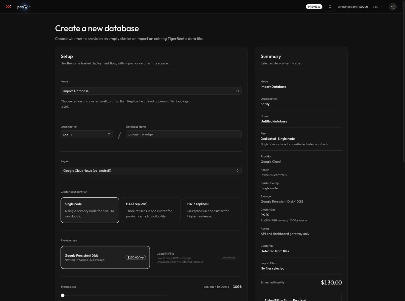 The import deployment configuration form